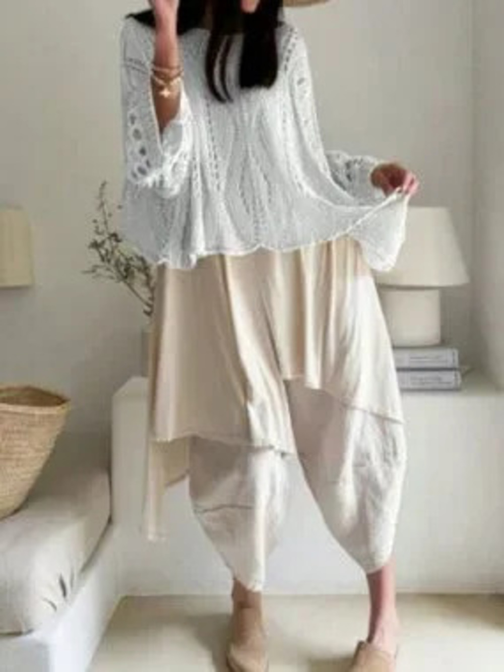 ZARA White Casual Women's Loose Boat Neck Hollow Out Flare Sleeve Knit Sweater